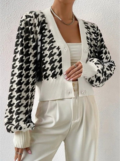 Crop Cardigans- Houndstooth Crop V-Neck Sweater Cardigan- - IndioGear Clothing and Gear