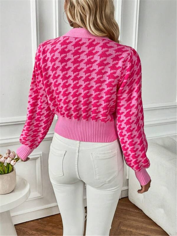 Crop Cardigans- Houndstooth Crop V-Neck Sweater Cardigan- - IndioGear Clothing and Gear