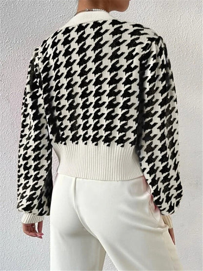 Crop Cardigans- Houndstooth Crop V-Neck Sweater Cardigan- - IndioGear Clothing and Gear