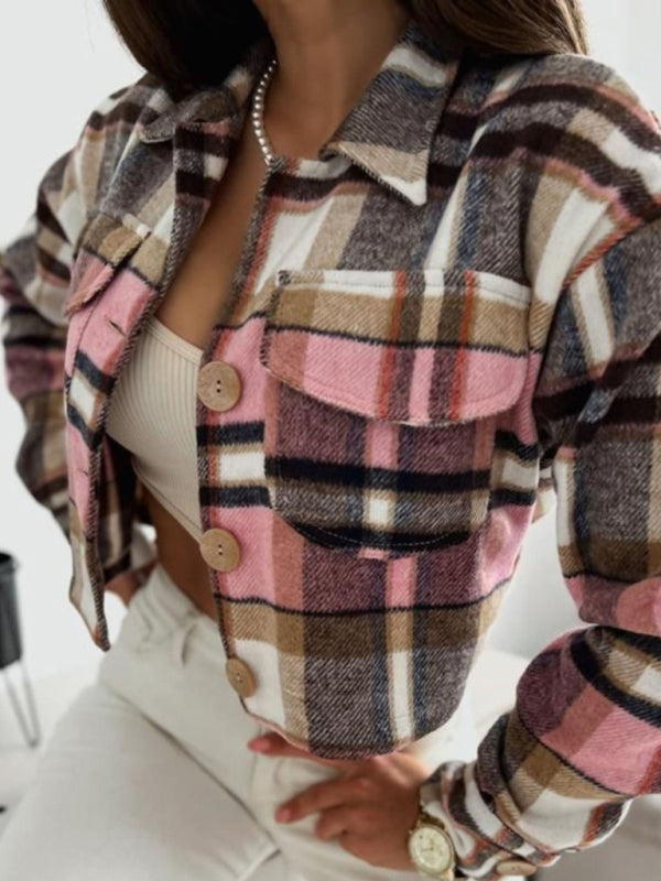 Casual Warm Plaid Crop Collar Shirt-Jacket | Crop Jackets | Pekosa Women Clothing