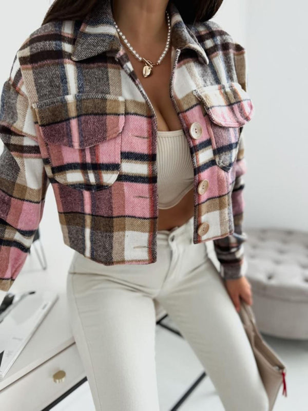 Casual Warm Plaid Crop Collar Shirt-Jacket | Crop Jackets | Pekosa Women Clothing