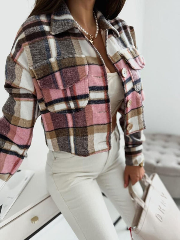 Casual Warm Plaid Crop Collar Shirt-Jacket | Crop Jackets | Pekosa Women Clothing