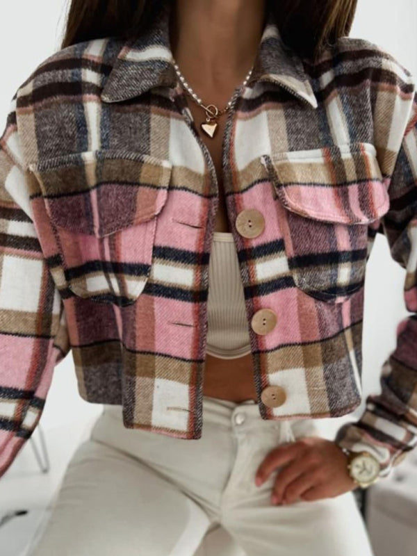 Casual Warm Plaid Crop Collar Shirt-Jacket | Crop Jackets | Pekosa Women Clothing