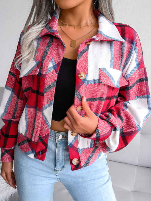 Crop Jackets- Plush Thick Flannel Plaid Jacket- - IndioGear Fashion and Gear