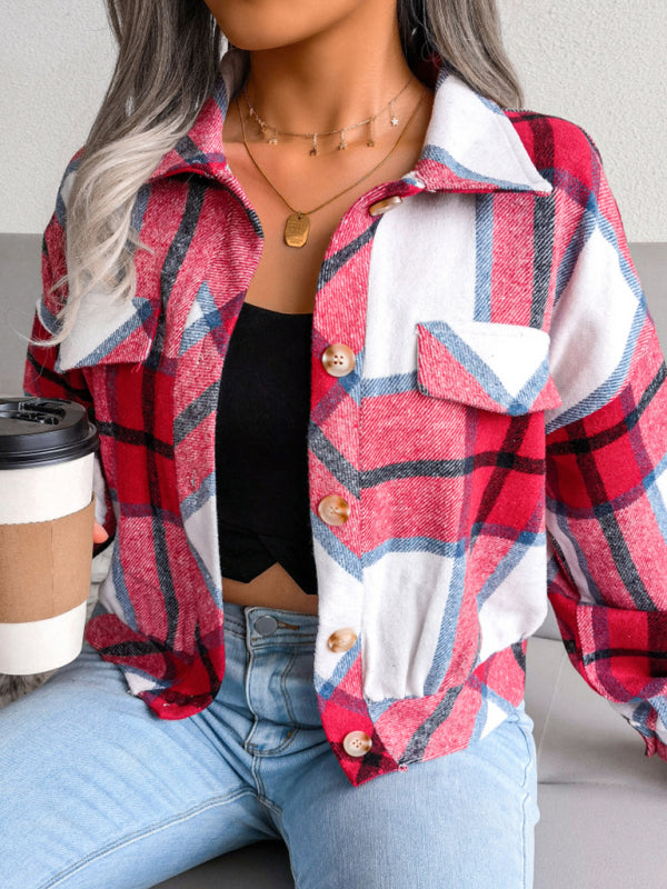 Crop Jackets- Plush Thick Flannel Plaid Jacket- - IndioGear Fashion and Gear