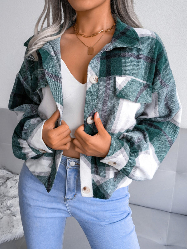 Crop Jackets- Plush Thick Flannel Plaid Jacket- - IndioGear Fashion and Gear