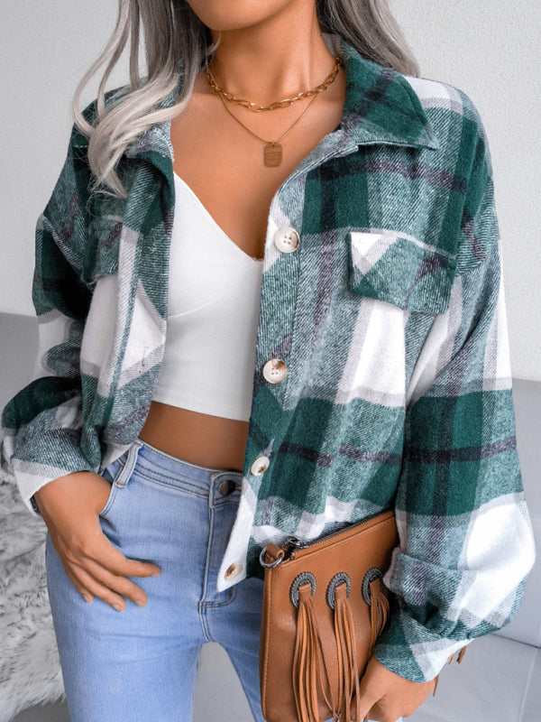 Crop Jackets- Plush Thick Flannel Plaid Jacket- - IndioGear Fashion and Gear