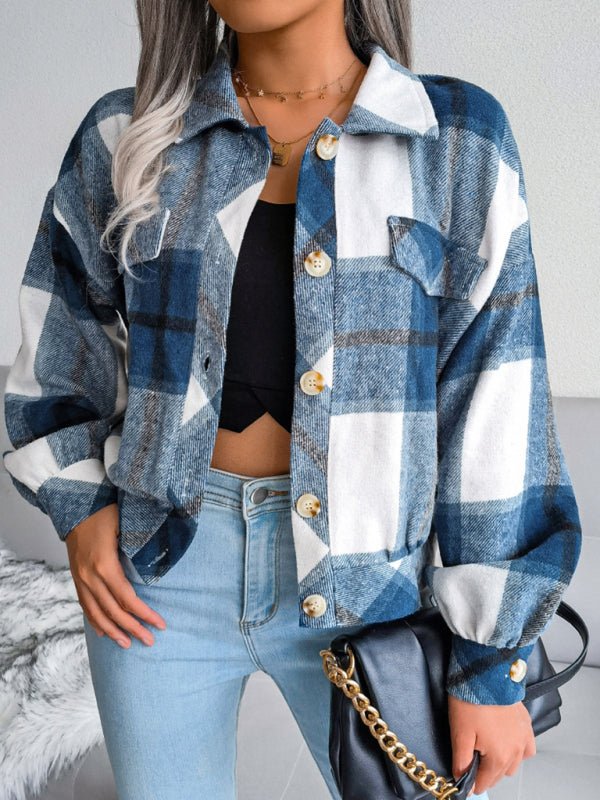 Crop Jackets- Plush Thick Flannel Plaid Jacket- - IndioGear Fashion and Gear