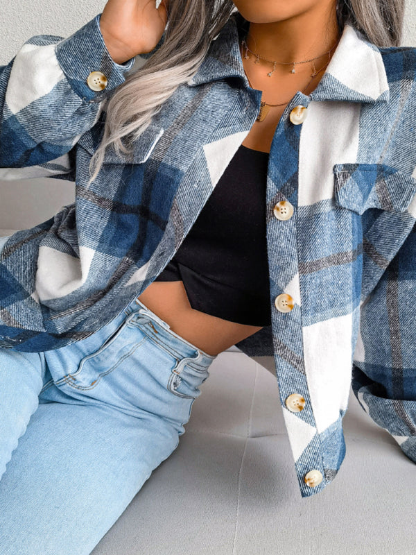 Crop Jackets- Plush Thick Flannel Plaid Jacket- - IndioGear Fashion and Gear