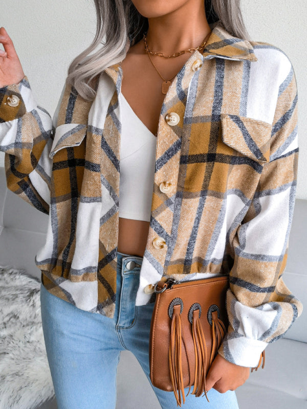 Crop Jackets- Plush Thick Flannel Plaid Jacket- Khaki- IndioGear Fashion and Gear