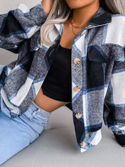 Crop Jackets- Plush Thick Flannel Plaid Jacket- - IndioGear Fashion and Gear