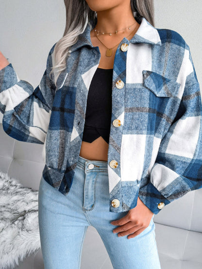 Crop Jackets- Plush Thick Flannel Plaid Jacket- - IndioGear Fashion and Gear