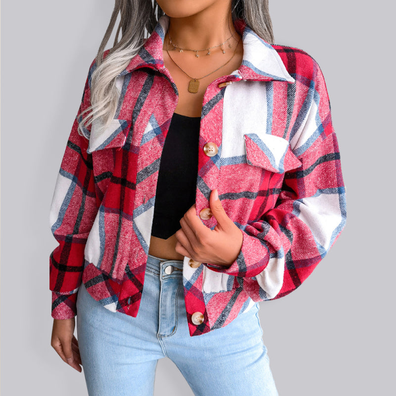 Crop Jackets- Plush Thick Flannel Plaid Jacket- Red- IndioGear Fashion and Gear