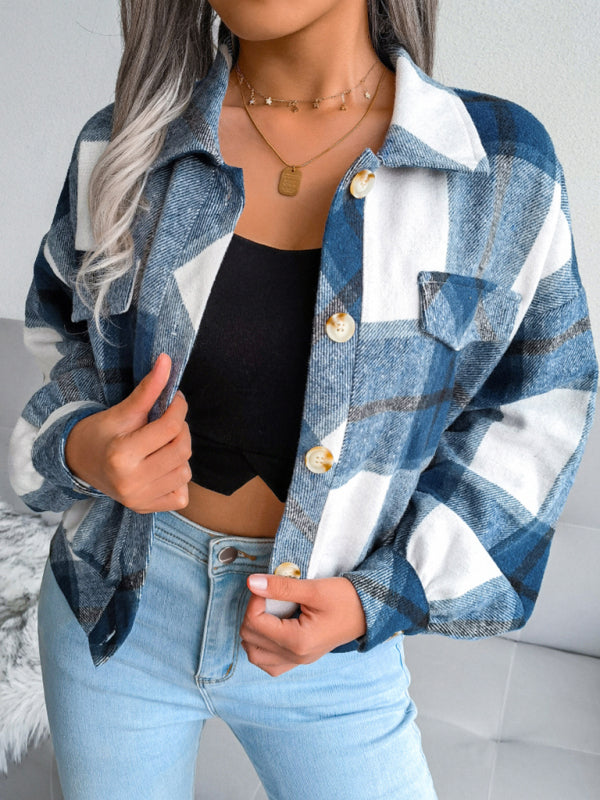 Crop Jackets- Plush Thick Flannel Plaid Jacket- - IndioGear Fashion and Gear