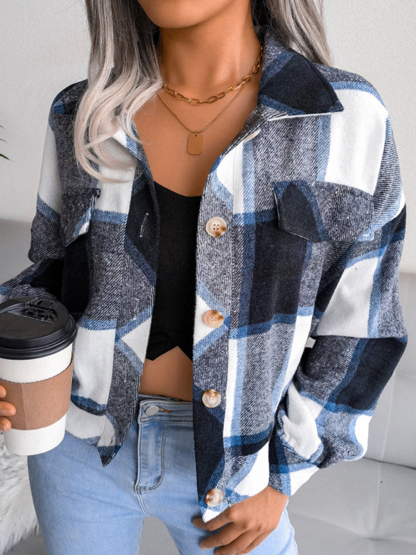 Crop Jackets- Plush Thick Flannel Plaid Jacket- - IndioGear Fashion and Gear