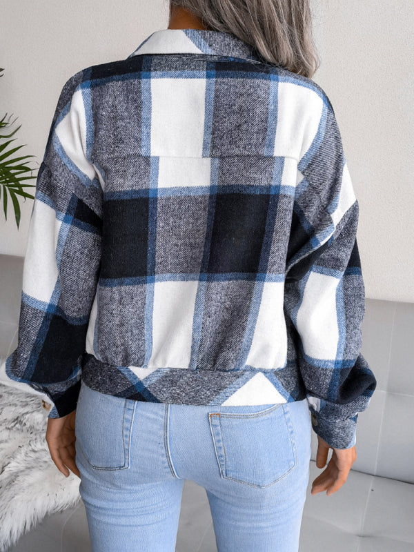 Crop Jackets- Plush Thick Flannel Plaid Jacket- - IndioGear Fashion and Gear