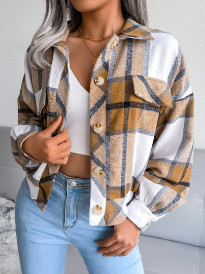 Crop Jackets- Plush Thick Flannel Plaid Jacket- - IndioGear Fashion and Gear