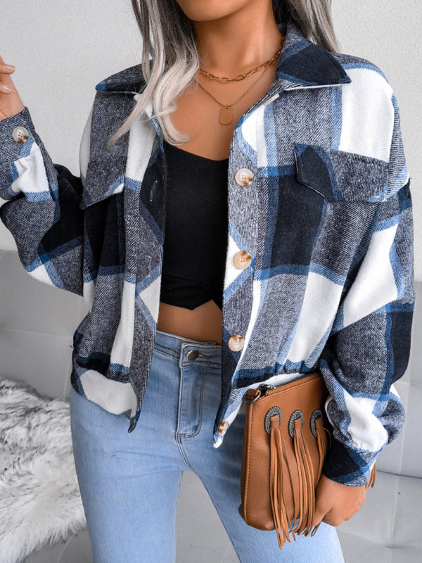 Crop Jackets- Plush Thick Flannel Plaid Jacket- - IndioGear Fashion and Gear