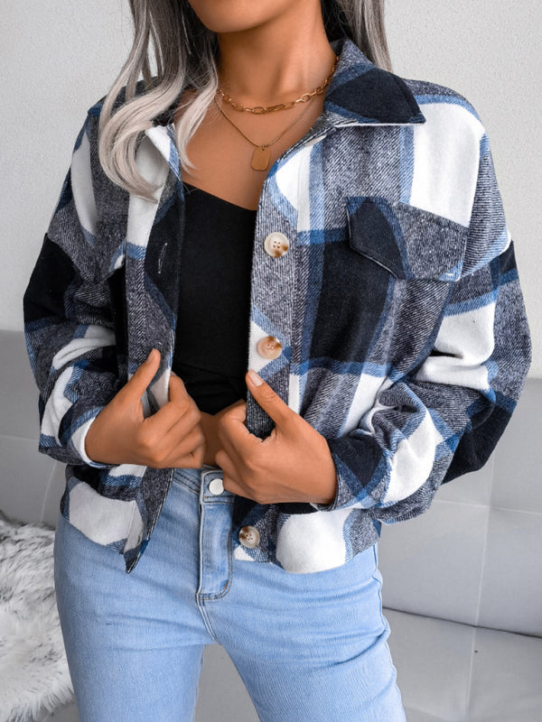 Crop Jackets- Plush Thick Flannel Plaid Jacket- - IndioGear Fashion and Gear