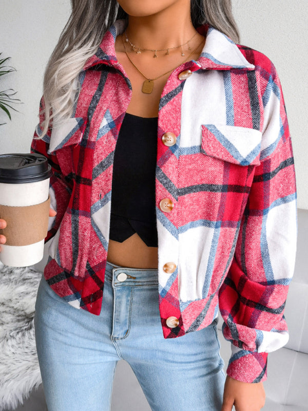 Crop Jackets- Plush Thick Flannel Plaid Jacket- - IndioGear Fashion and Gear