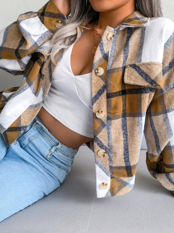 Crop Jackets- Plush Thick Flannel Plaid Jacket- - IndioGear Fashion and Gear