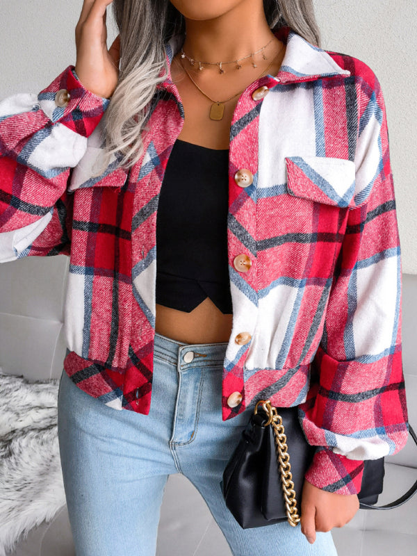 Crop Jackets- Plush Thick Flannel Plaid Jacket- - IndioGear Fashion and Gear