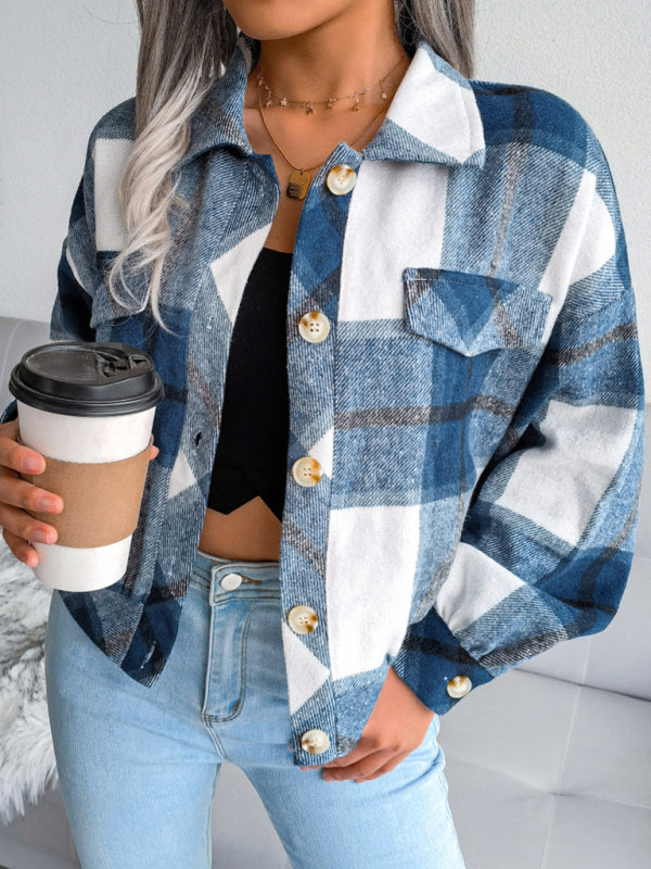 Crop Jackets- Plush Thick Flannel Plaid Jacket- Sapphire blue- IndioGear Fashion and Gear