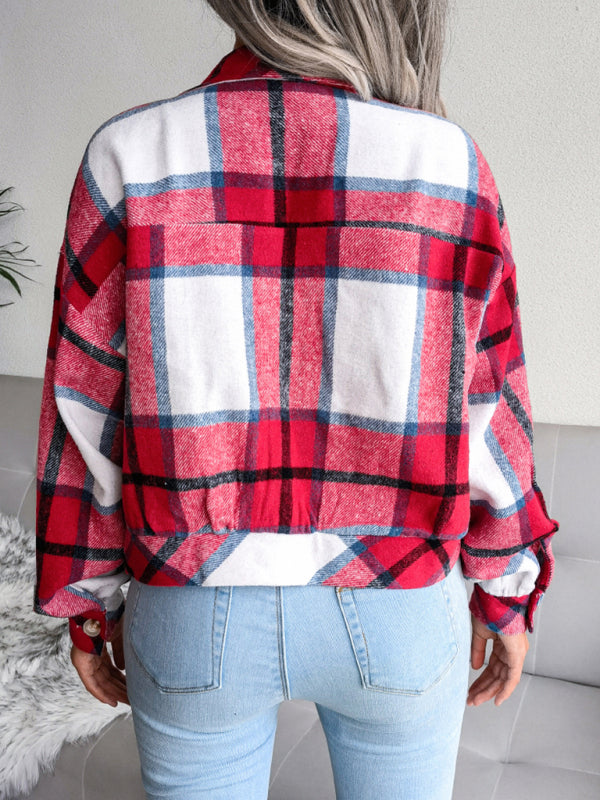 Crop Jackets- Plush Thick Flannel Plaid Jacket- - IndioGear Fashion and Gear