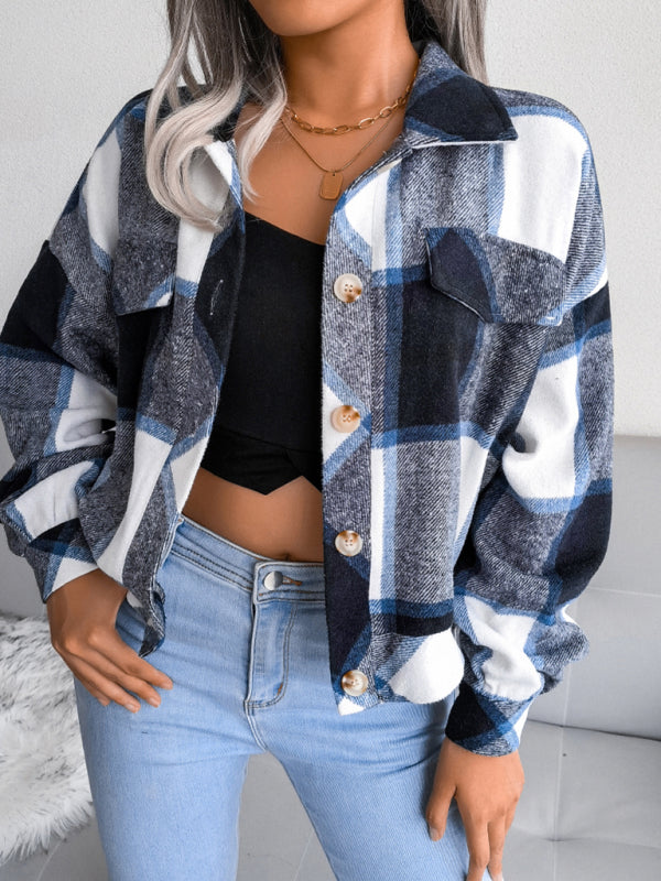 Crop Jackets- Plush Thick Flannel Plaid Jacket- Navy blue- IndioGear Fashion and Gear