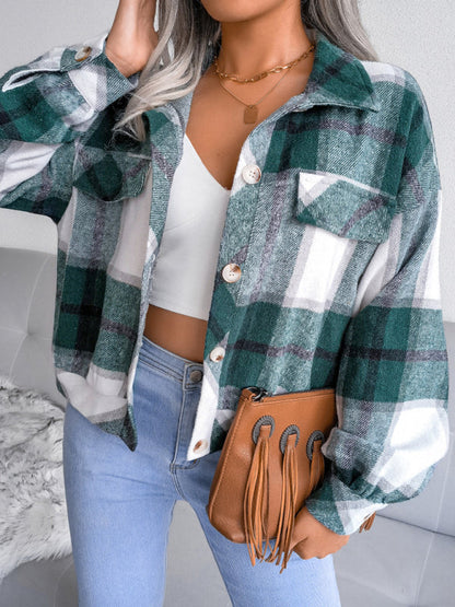 Crop Jackets- Plush Thick Flannel Plaid Jacket- Green- IndioGear Fashion and Gear