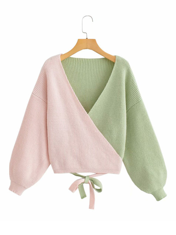 Crop Sweatera- Pastels Patchwork Knit Wrap V-Neck Crop Sweater- - IndioGear Clothing and Gear