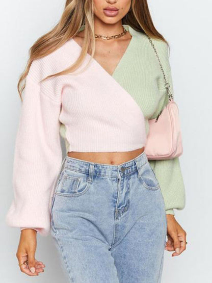 Crop Sweatera- Pastels Patchwork Knit Wrap V-Neck Crop Sweater- - IndioGear Clothing and Gear