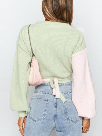 Crop Sweatera- Pastels Patchwork Knit Wrap V-Neck Crop Sweater- - IndioGear Clothing and Gear