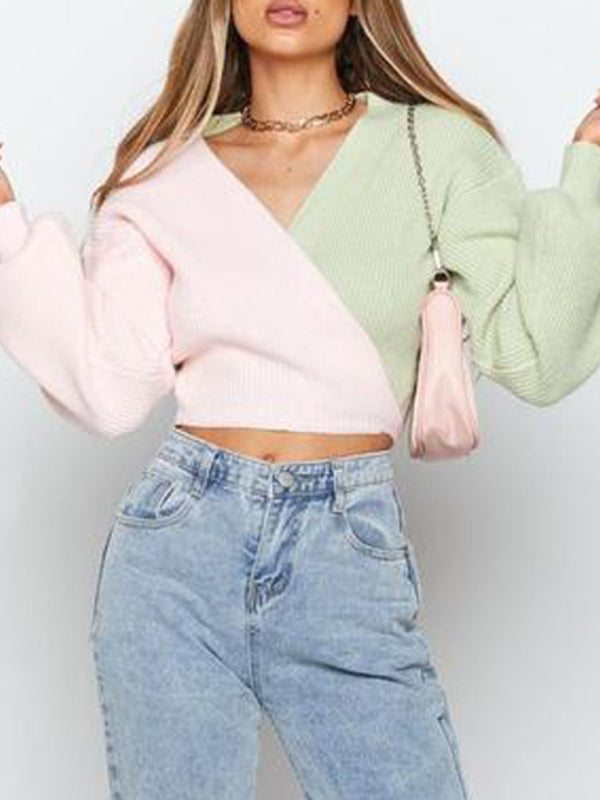 Crop Sweatera- Pastels Patchwork Knit Wrap V-Neck Crop Sweater- - IndioGear Clothing and Gear