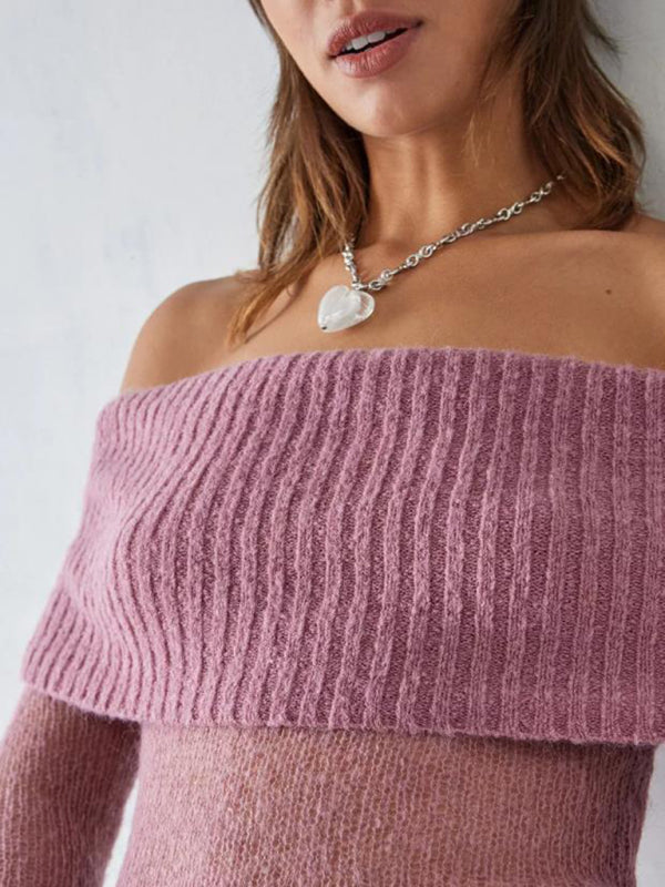 Crop Sweaters- Off-Shoulder Crop Sweater Winter Knitting Top- - IndioGear Clothing and Gear