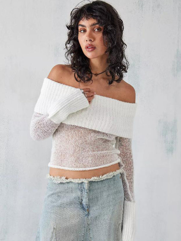 Crop Sweaters- Off-Shoulder Crop Sweater Winter Knitting Top- - IndioGear Clothing and Gear