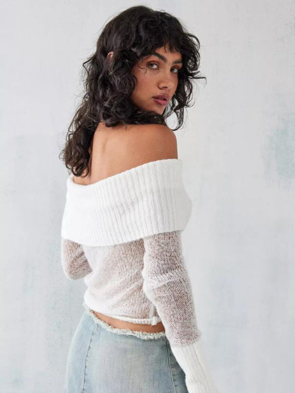 Crop Sweaters- Off-Shoulder Crop Sweater Winter Knitting Top- - IndioGear Clothing and Gear