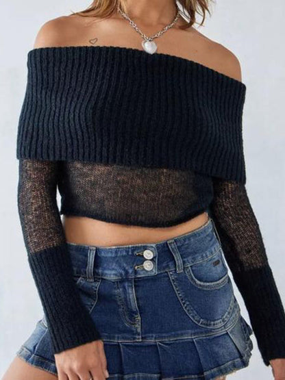 Crop Sweaters- Off-Shoulder Crop Sweater Winter Knitting Top- - IndioGear Clothing and Gear