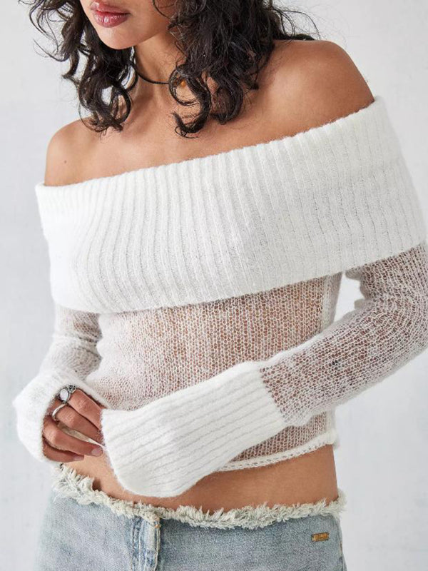 Crop Sweaters- Off-Shoulder Crop Sweater Winter Knitting Top- White- IndioGear Clothing and Gear