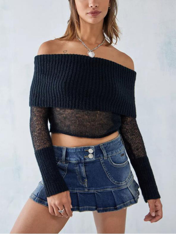 Crop Sweaters- Off-Shoulder Crop Sweater Winter Knitting Top- Black- IndioGear Clothing and Gear