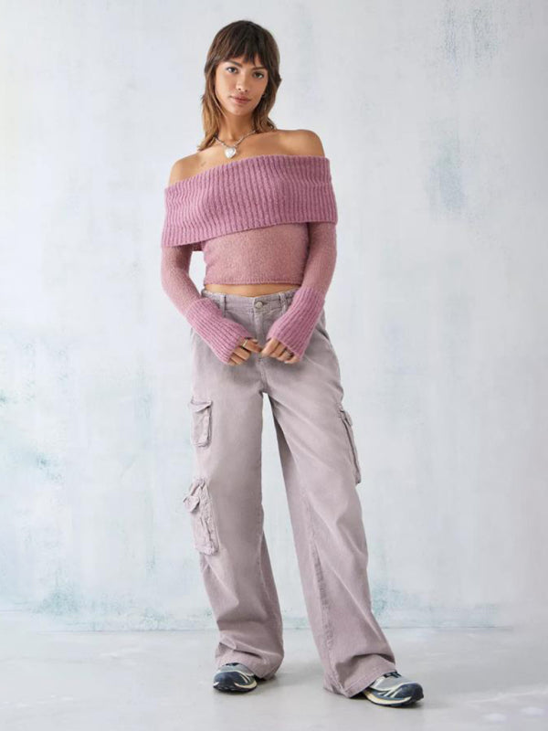 Crop Sweaters- Off-Shoulder Crop Sweater Winter Knitting Top- - IndioGear Clothing and Gear