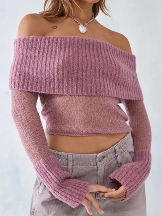 Crop Sweaters- Off-Shoulder Crop Sweater Winter Knitting Top- Pink- IndioGear Clothing and Gear