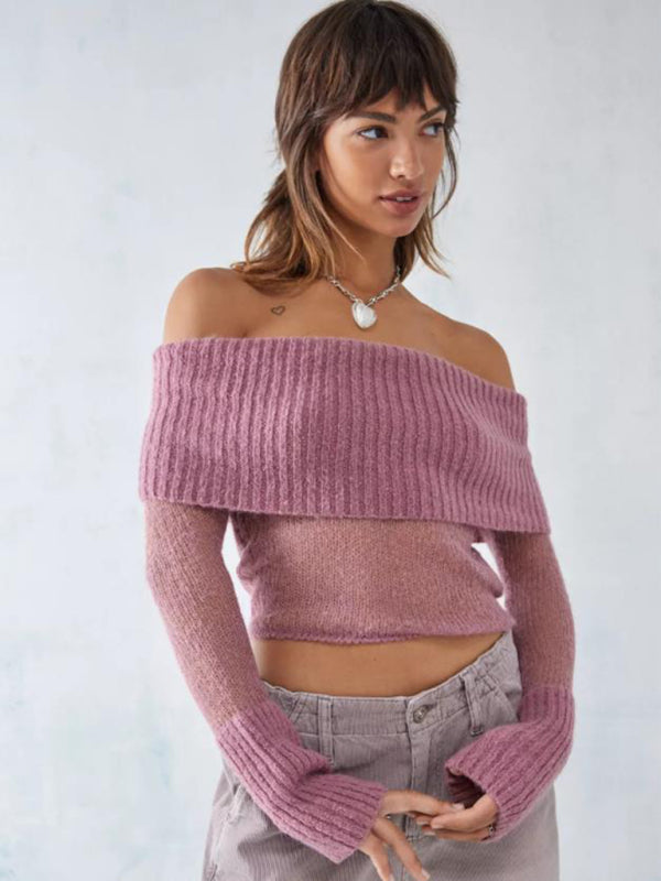 Crop Sweaters- Off-Shoulder Crop Sweater Winter Knitting Top- - IndioGear Clothing and Gear