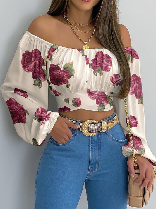 Crop Tops- Floral Print Crop Blouse - Off-The-Shoulder Long Sleeves Top- Cherry red- IndioGear Fashion and Gear