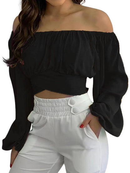 Crop Tops- Floral Print Crop Blouse - Off-The-Shoulder Long Sleeves Top- Black- IndioGear Fashion and Gear