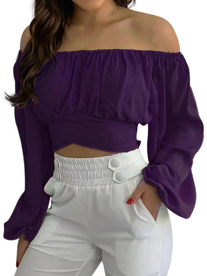 Crop Tops- Floral Print Crop Blouse - Off-The-Shoulder Long Sleeves Top- Purple- IndioGear Fashion and Gear