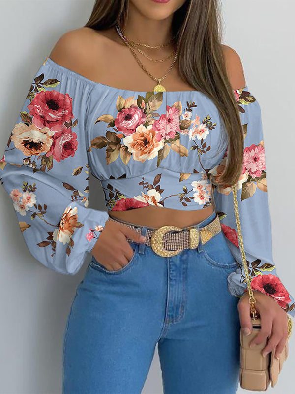 Crop Tops- Floral Print Crop Blouse - Off-The-Shoulder Long Sleeves Top- Acid blue- IndioGear Fashion and Gear