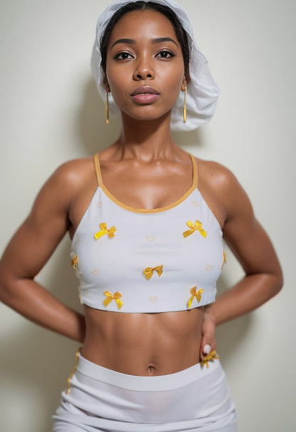 Crop Tops- Sporty Padded Crop Top - Bra with Contrast Bow & Strappy Back- Yellow- IndioGear Fashion and Gear