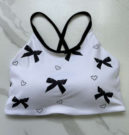 Crop Tops- Sporty Padded Crop Top - Bra with Contrast Bow & Strappy Back- - IndioGear Fashion and Gear