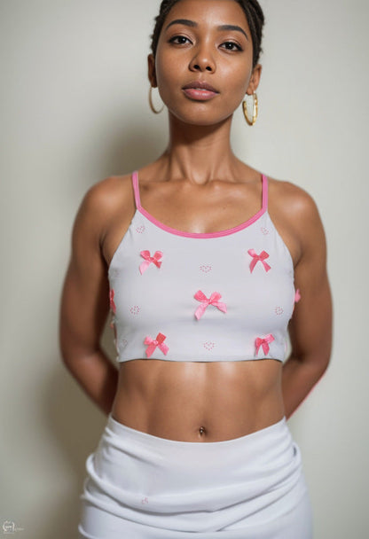 Crop Tops- Sporty Padded Crop Top - Bra with Contrast Bow & Strappy Back- Pink- IndioGear Fashion and Gear